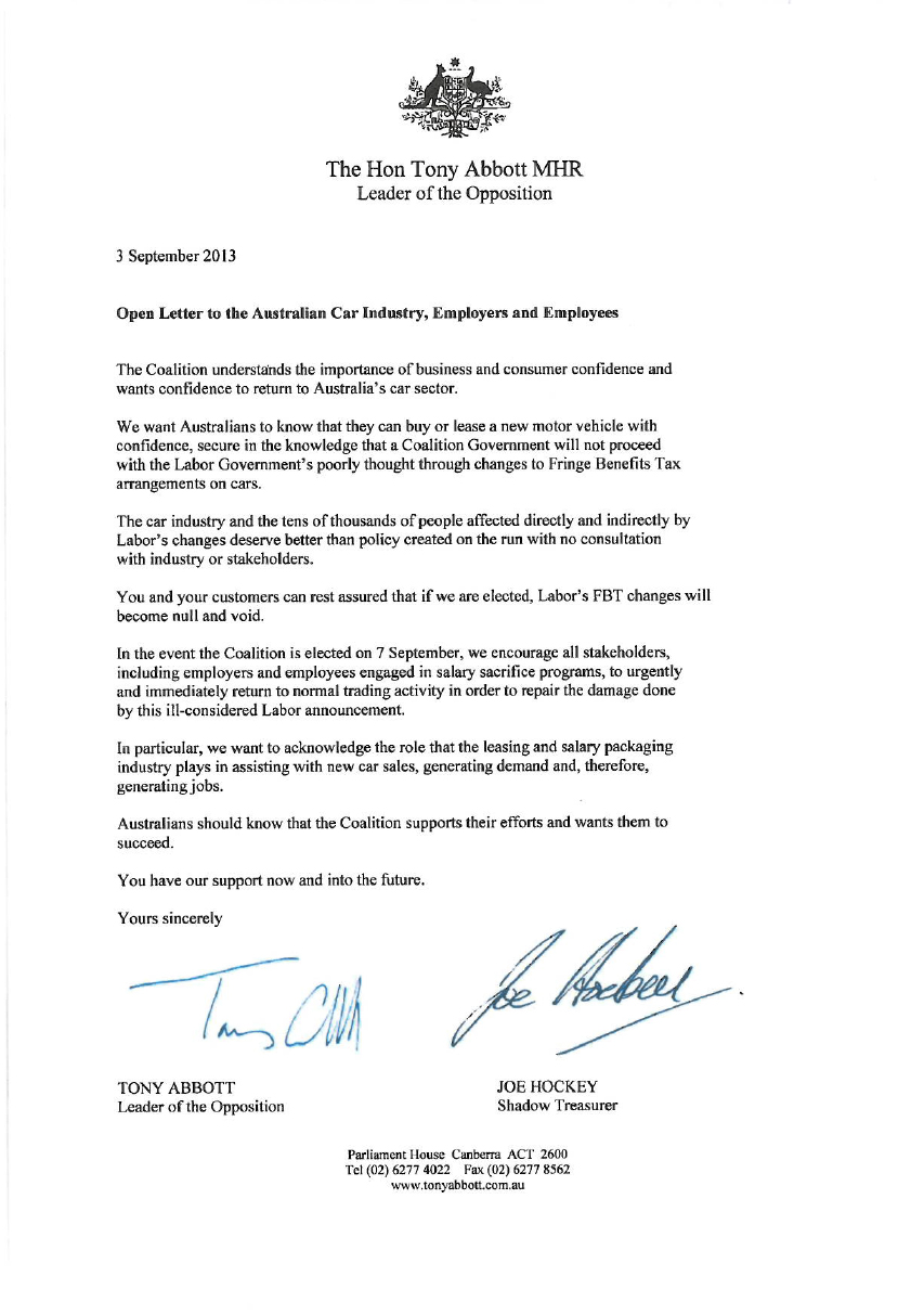 Open Letter From The Hon Tony Abbott MHR ROGER MONTGOMERY