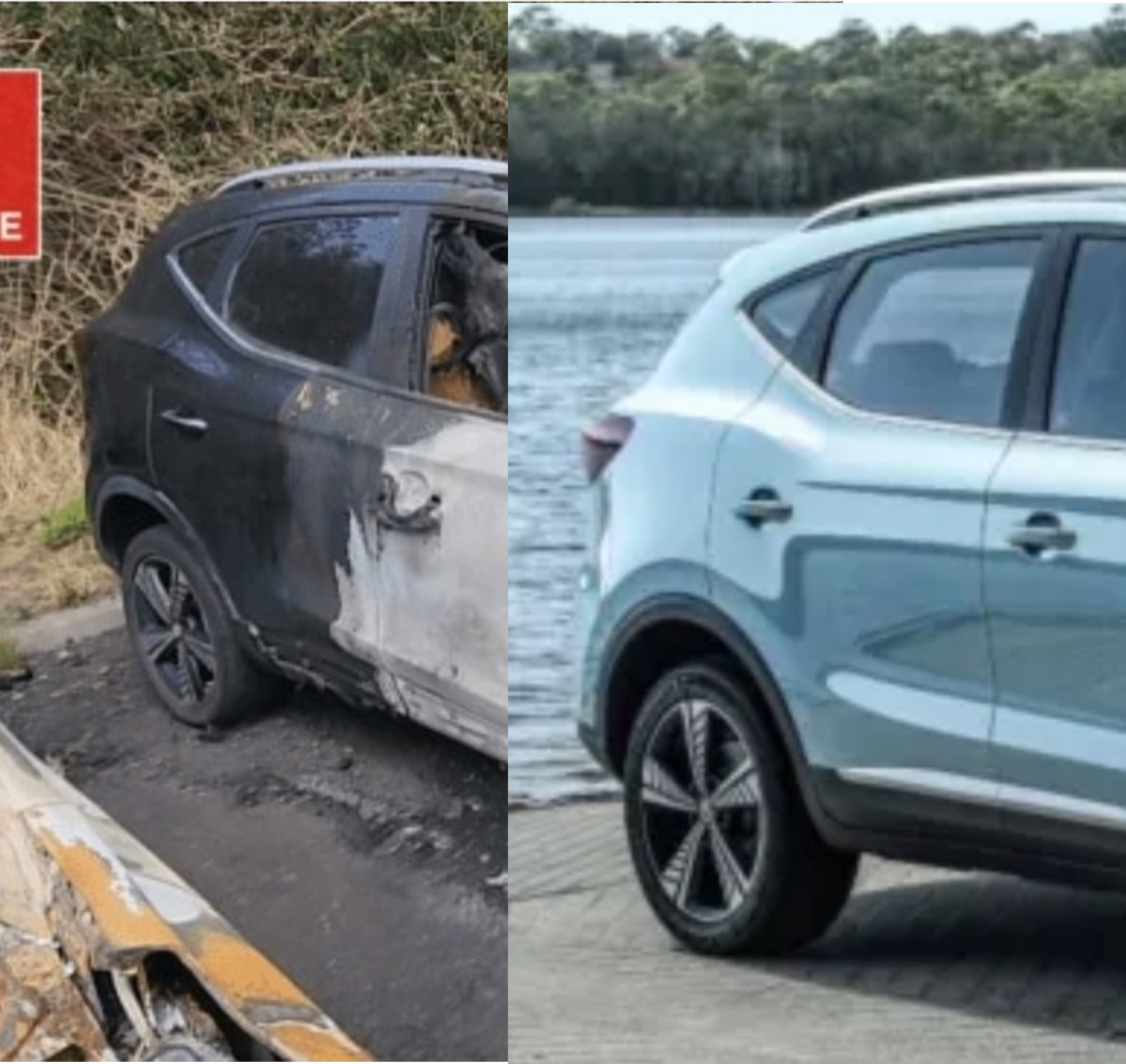 Figure 2. The burnt-out EV at Mascot Airport alongside a promo shot for an MG EV SUV